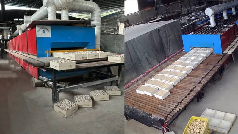 Filter media trays moving through red drying or firing equipment