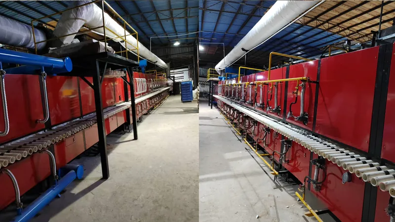 Long red kiln or drying line inside the UJW factory