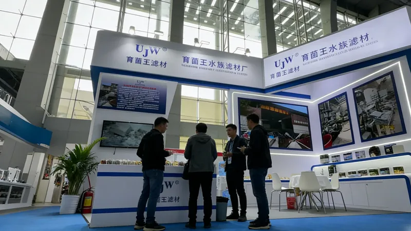 Visitors speaking with UJW staff at a trade show booth