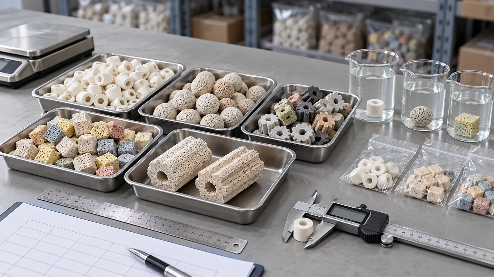 Illustrative quality-control comparison of porous ceramic aquarium filter media samples with a caliper, scale and soak containers