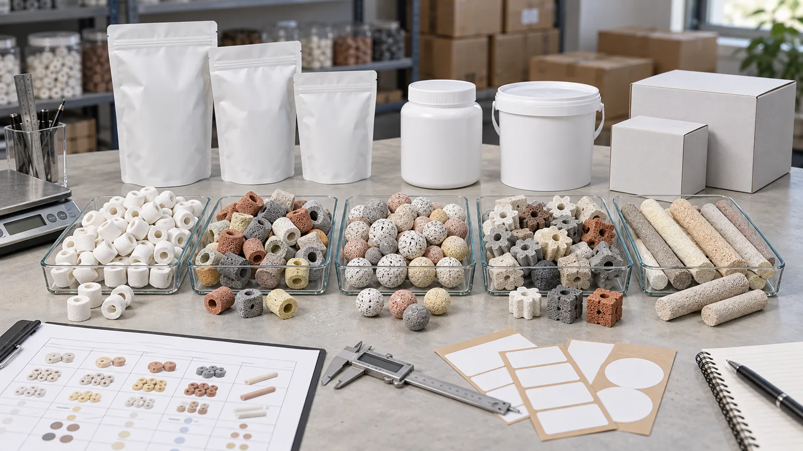 Illustrative aquarium brand biological filter media range planning table with ceramic media and blank packaging