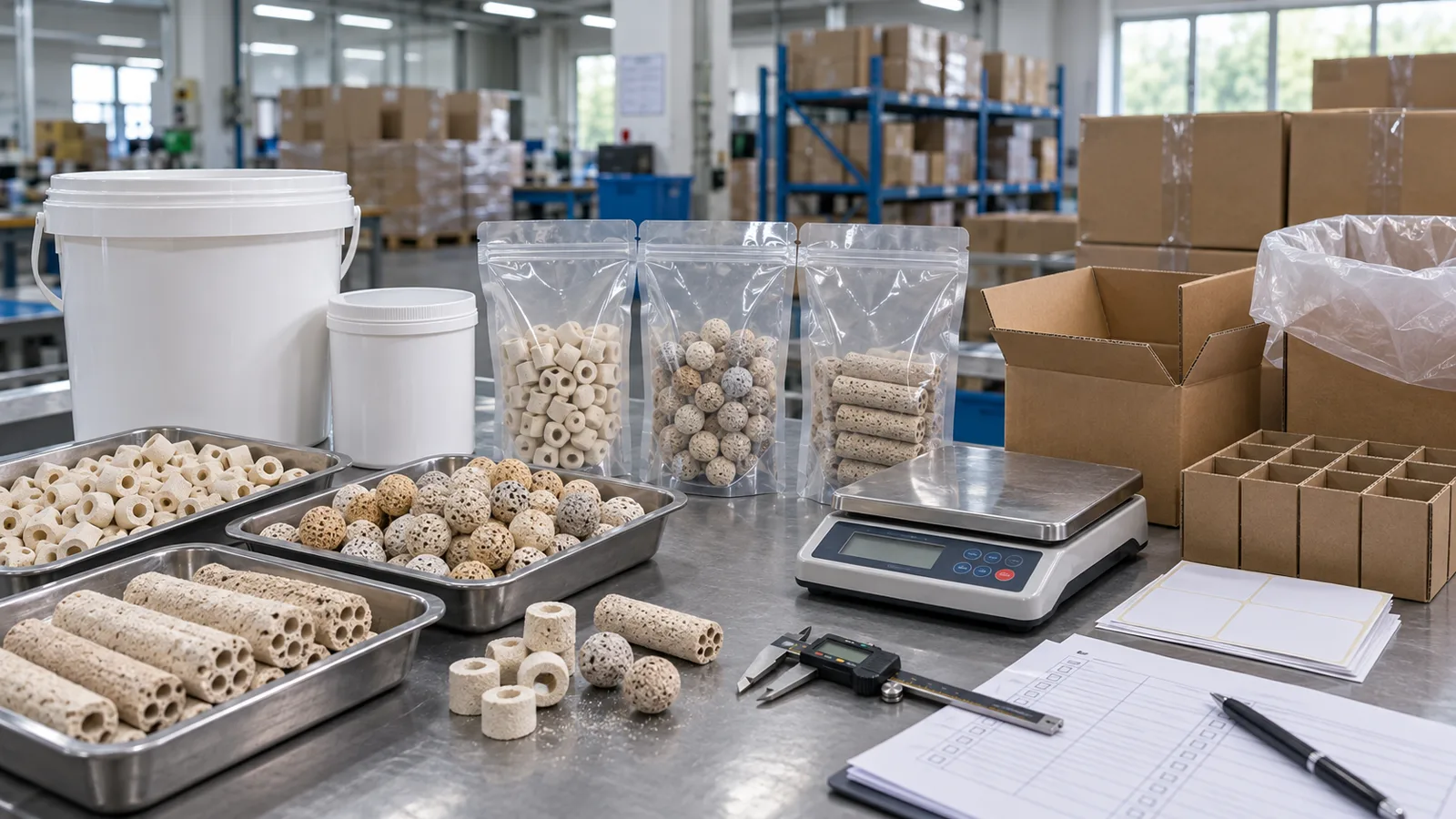 Illustrative OEM aquarium filter media packaging review with porous ceramic media, pouches, buckets, cartons, a scale and a caliper