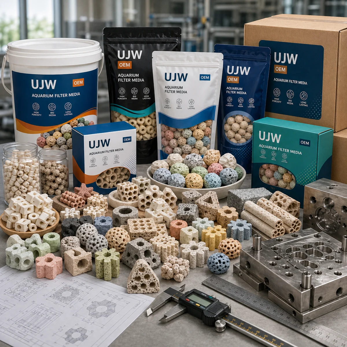 UJW OEM filter media packaging, mixed ceramic samples, molds, and measuring tools