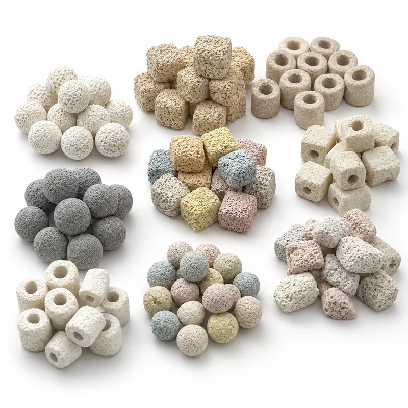 Assorted aquarium filter media including ceramic balls, cubes, rings, and porous blocks